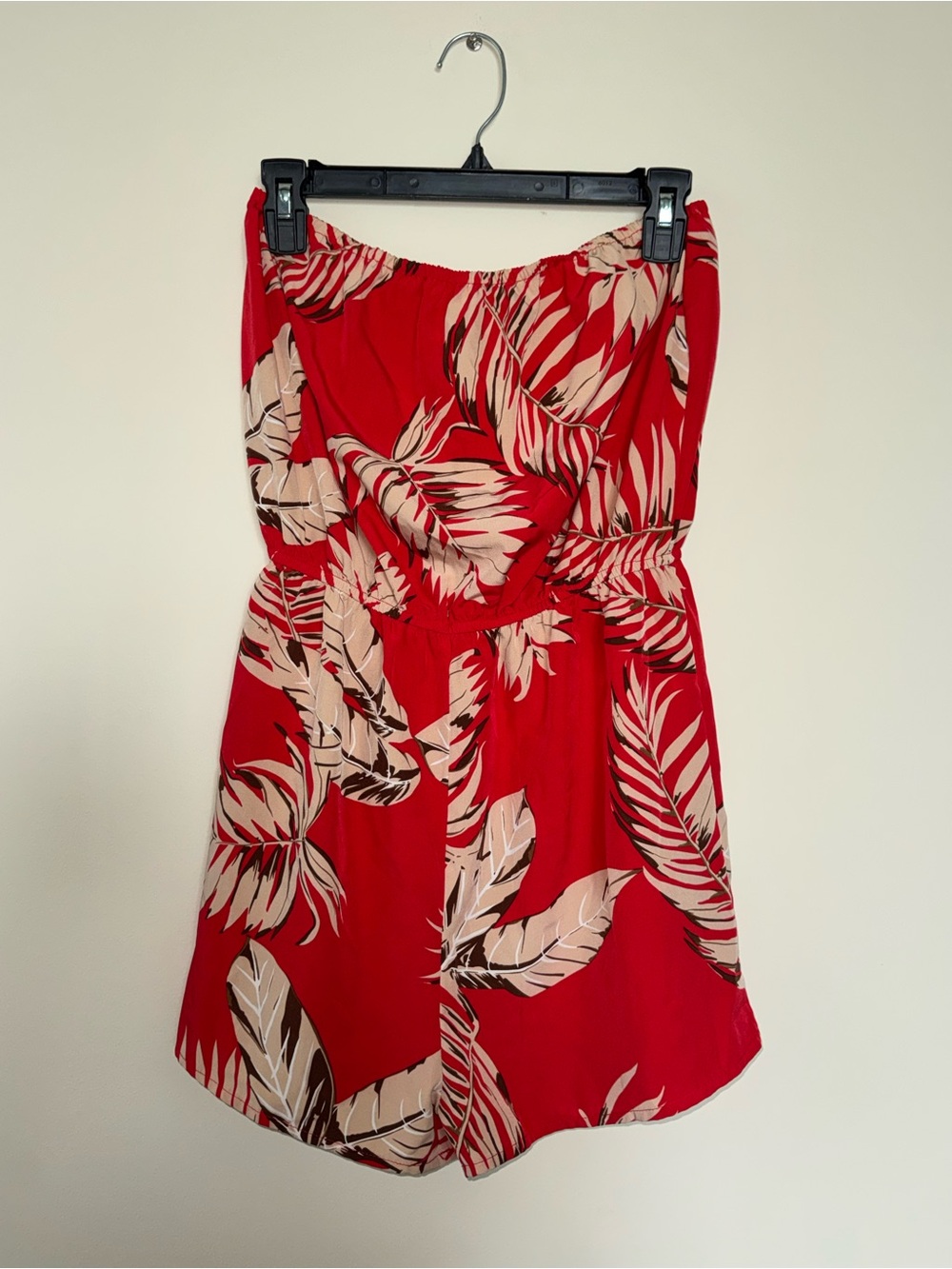 SHEIN Red and Cream Tropical Strapless Romper